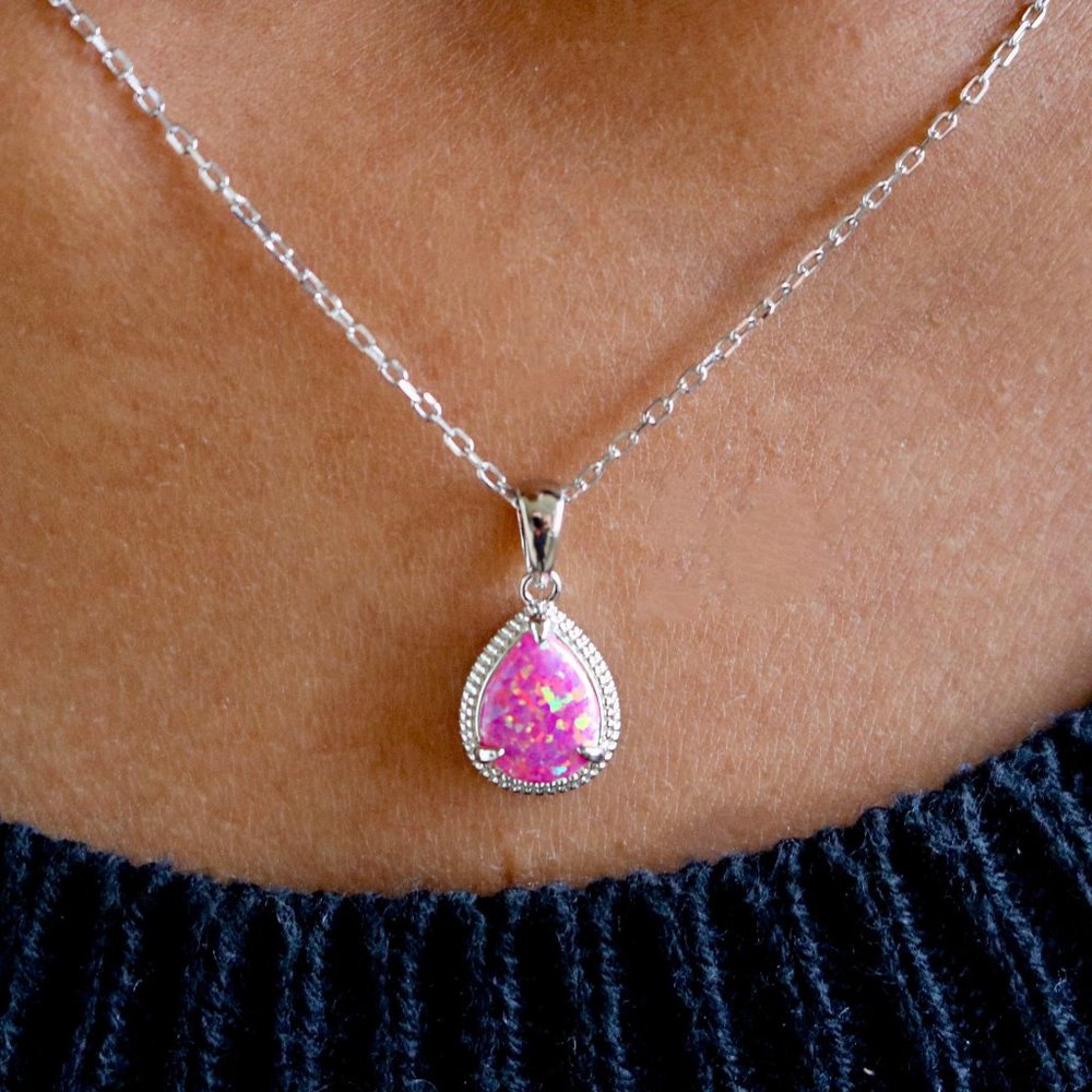 Pink Opal Teardrop Sterling Silver Necklace